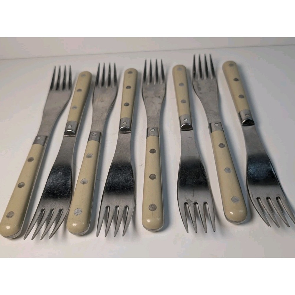 MCM Rowoco Retro Inox Theirs, France 4-Rivet‎ Handles Stainless Forks Set Of 8